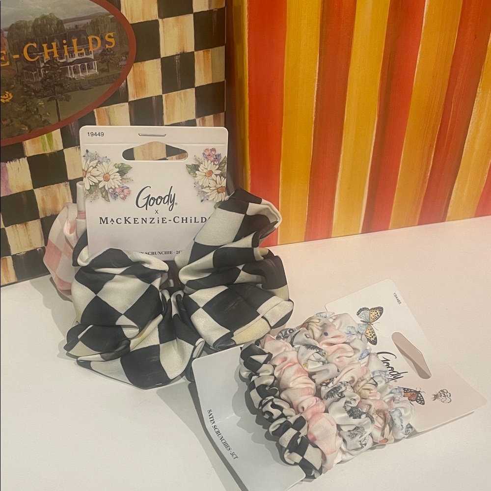 MacKenzie-Childs Black & Soft Pink Checkerboard Scrunchie Set